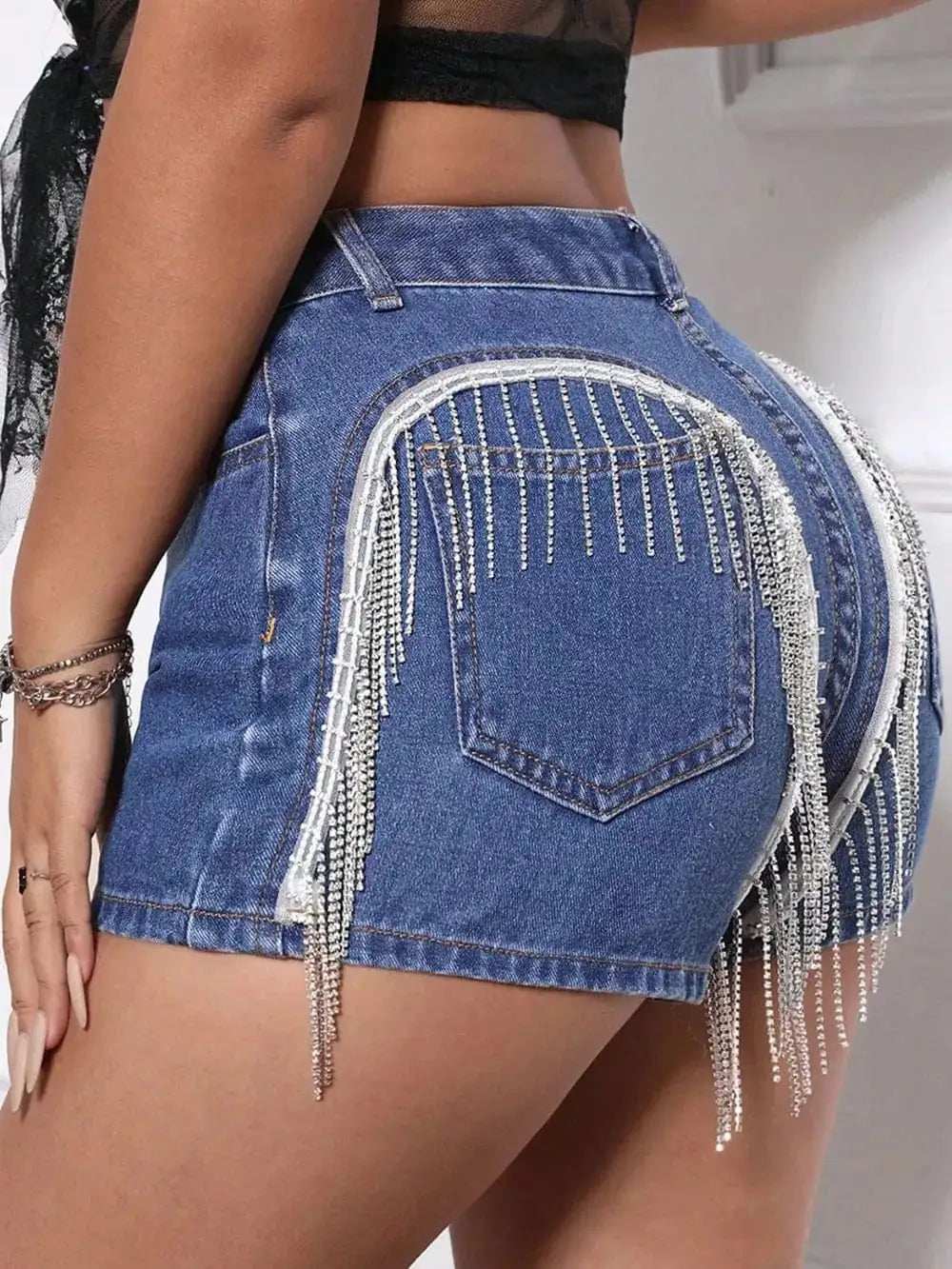 Fringe Back Denim Shorts with Pockets - Trendsi - Flyclothing LLC