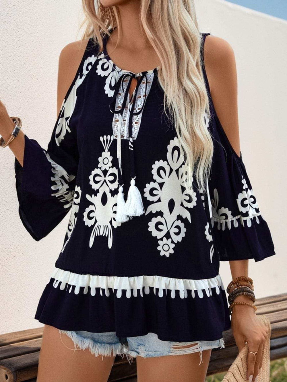 Tassel Printed Tie Neck Cold Shoulder Blouse - Trendsi - Flyclothing LLC