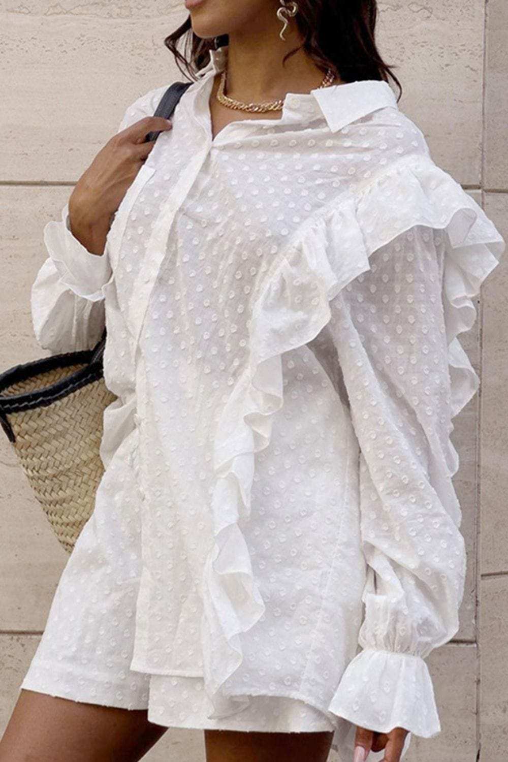 Ruffled Dot Applique Collared Neck Top and Shorts Set - Trendsi - Flyclothing LLC