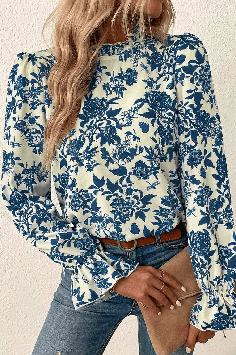 Printed Mock Neck Flounce Sleeve Blouse - Trendsi - Flyclothing LLC