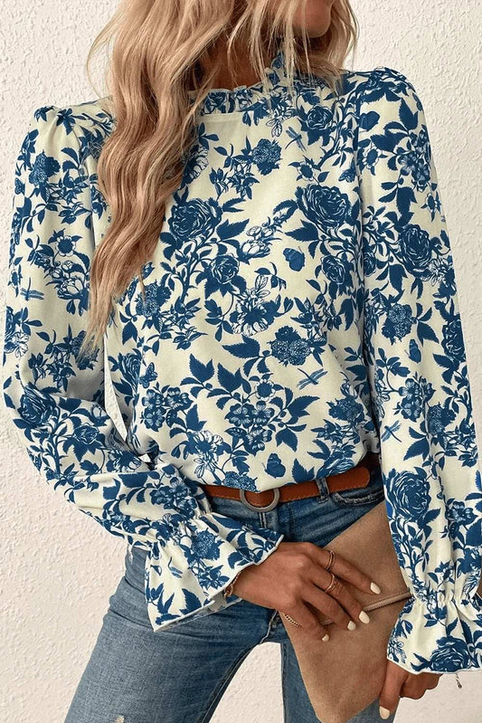 Printed Mock Neck Flounce Sleeve Blouse - Trendsi - Flyclothing LLC