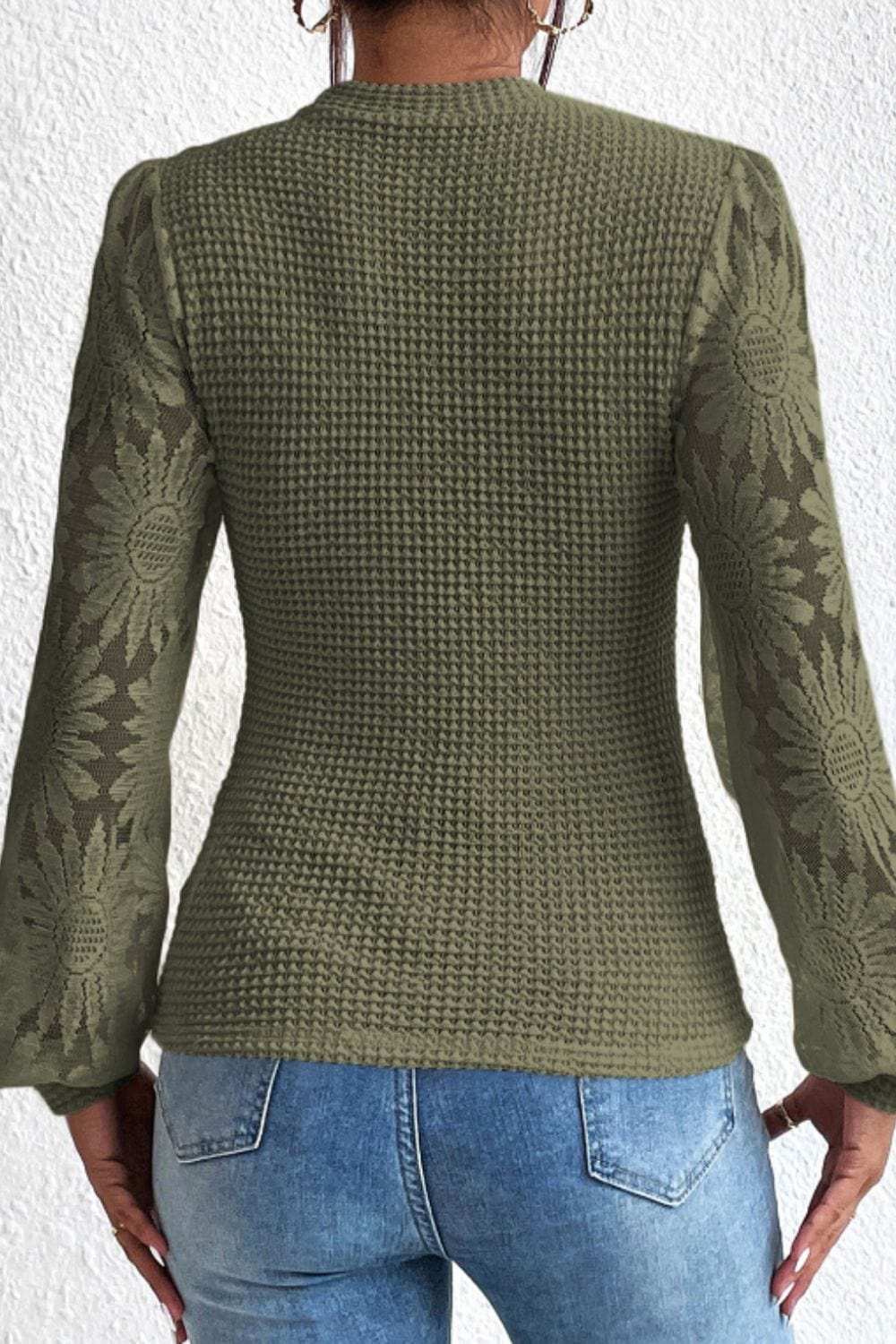 Mock Neck Lace Long Sleeve Top - Trendsi - Flyclothing LLC
