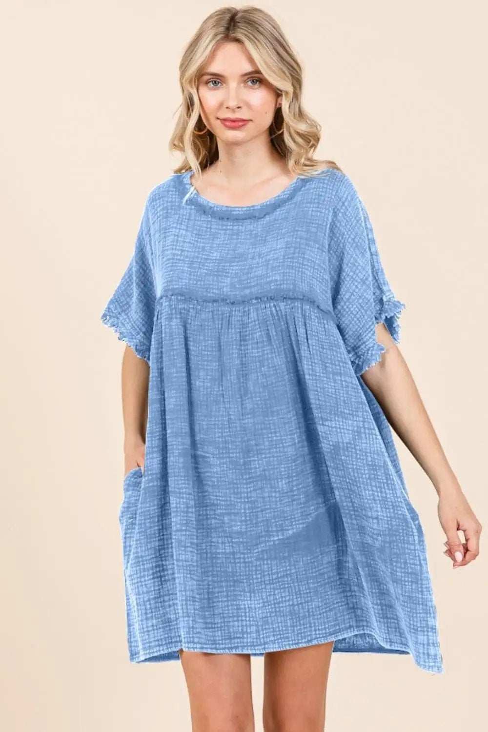 Culture Code Full Size Short Sleeve Babydoll Texture Dress with Pockets - Trendsi - Flyclothing LLC