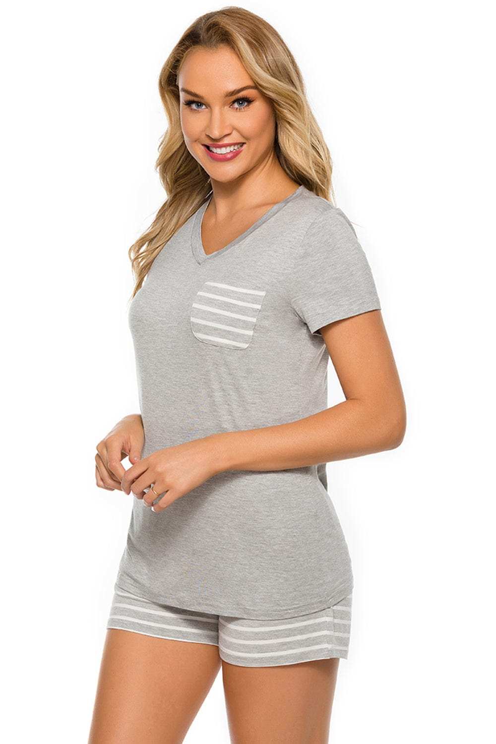 Striped Short Sleeve Top and Shorts Lounge Set - Trendsi - Flyclothing LLC