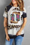 Sequin Boots Leopard Round Neck Short Sleeve T-Shirt - Trendsi - Flyclothing LLC