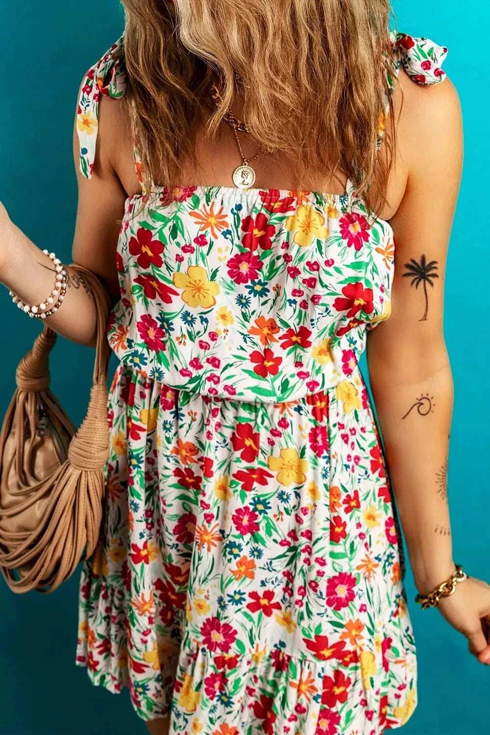 Floral Knotted Straps Cinched Waist Ruffle Hem Mini Dress - Trendsi - Flyclothing LLC