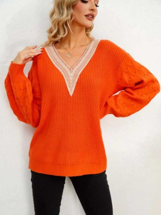 V-Neck Dropped Shoulder Long Sleeve Sweater - Trendsi - Flyclothing LLC