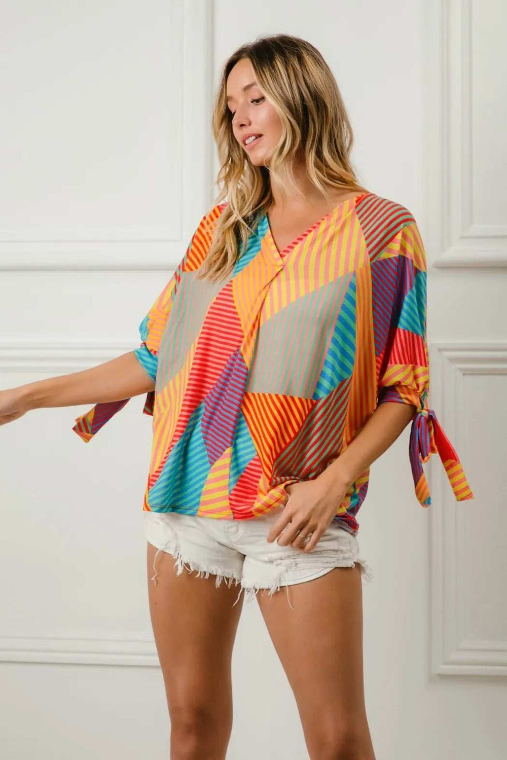 BiBi Multi Stripe Block Printed Jersey Blouse with Tied Sleeves - Trendsi - Flyclothing LLC