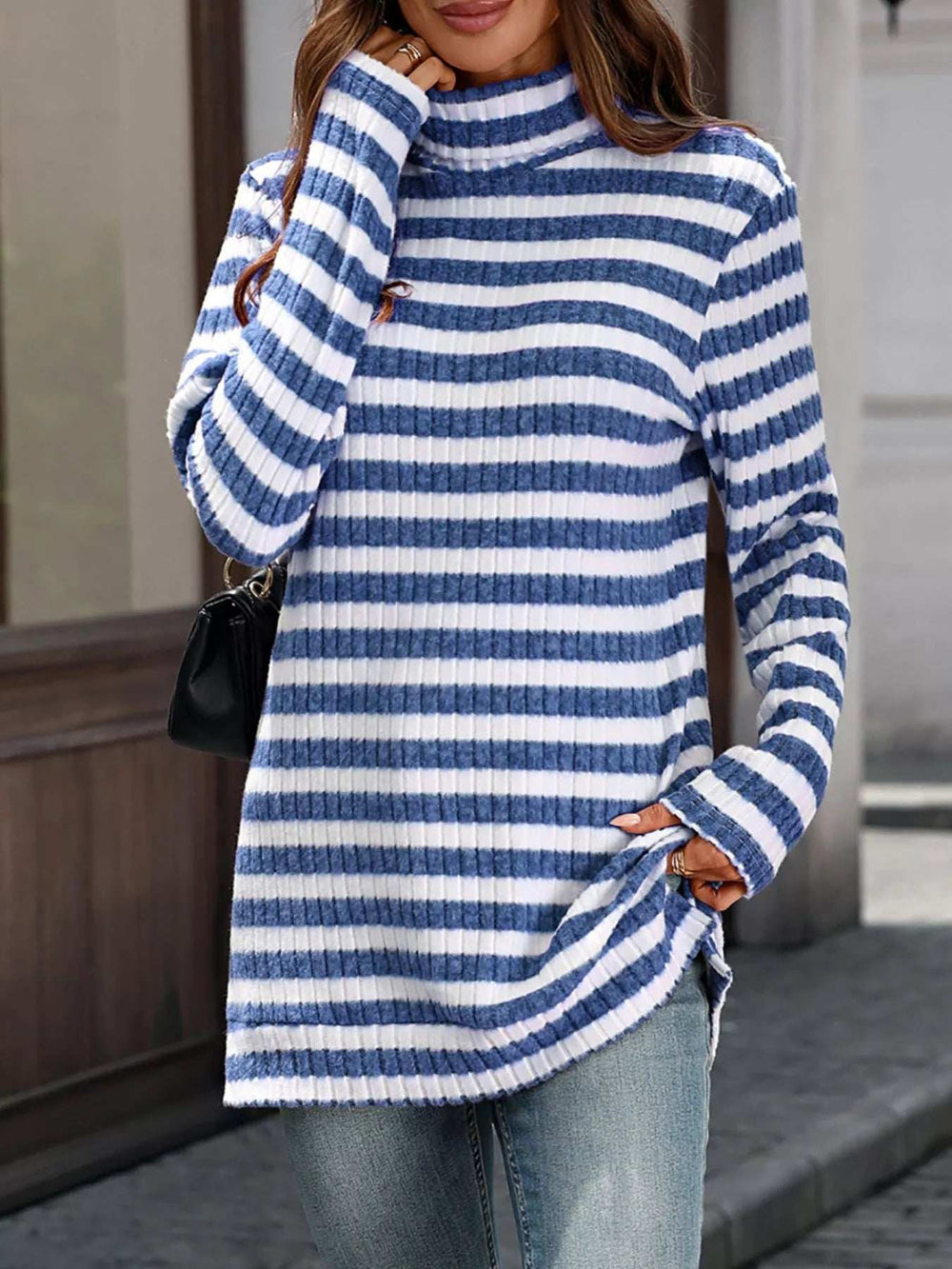 Striped Turtleneck Long Sleeve Knit Top - Trendsi - Flyclothing LLC