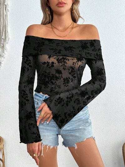 Off-Shoulder Flare Sleeve Lace Top - Trendsi - Flyclothing LLC