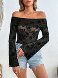 Off-Shoulder Flare Sleeve Lace Top - Trendsi - Flyclothing LLC