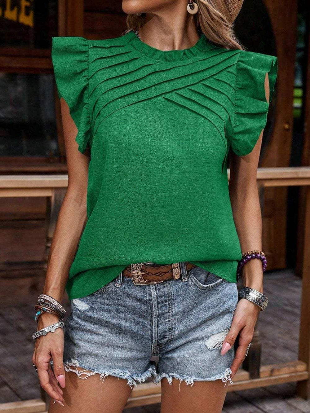 Ruffled Frill Mock Neck Cap Sleeve Blouse - Trendsi - Flyclothing LLC