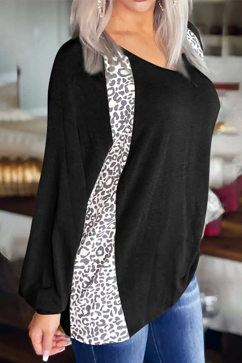 Full Size Leopard V-Neck Long Sleeve T-Shirt - Trendsi - Flyclothing LLC