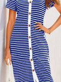 Contrast Striped V-Neck Short Sleeve Midi Dress - Trendsi - Flyclothing LLC
