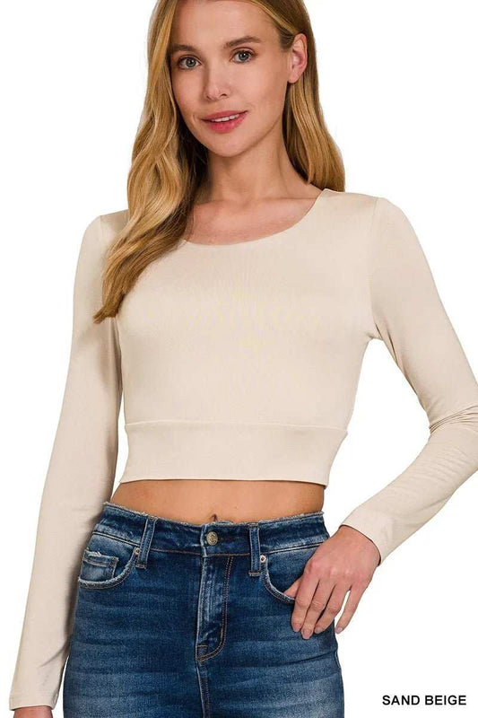 Zenana Double Layered Long Sleeve Cropped Round Neck T-Shirt - Trendsi - Flyclothing LLC