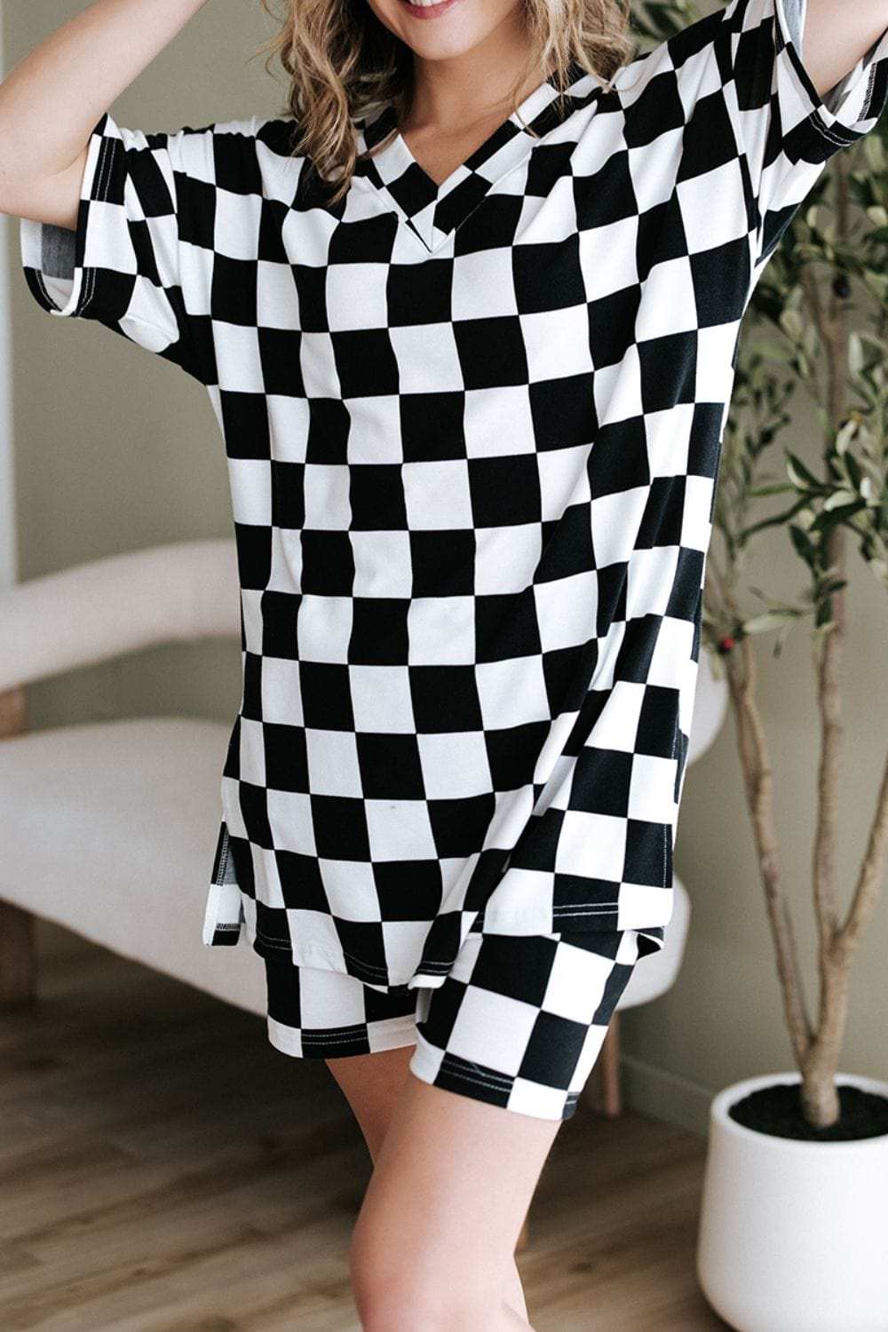 Checkerboard V Neck Loose Tee and Shorts Set - Trendsi - Flyclothing LLC