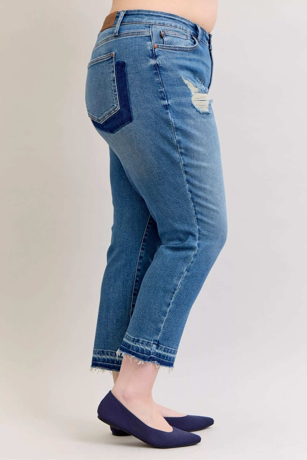 Judy Blue Full Size Mid Rise Bf Patch & Repair Destroy Release Hem Jeans Plus Size - Trendsi - Flyclothing LLC