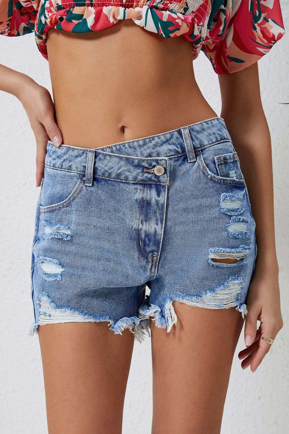 High Rise Crossover Waist Denim Shorts - Trendsi - Flyclothing LLC