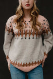 Geometric Contrast Round Neck Long Sleeve Sweater - Trendsi - Flyclothing LLC