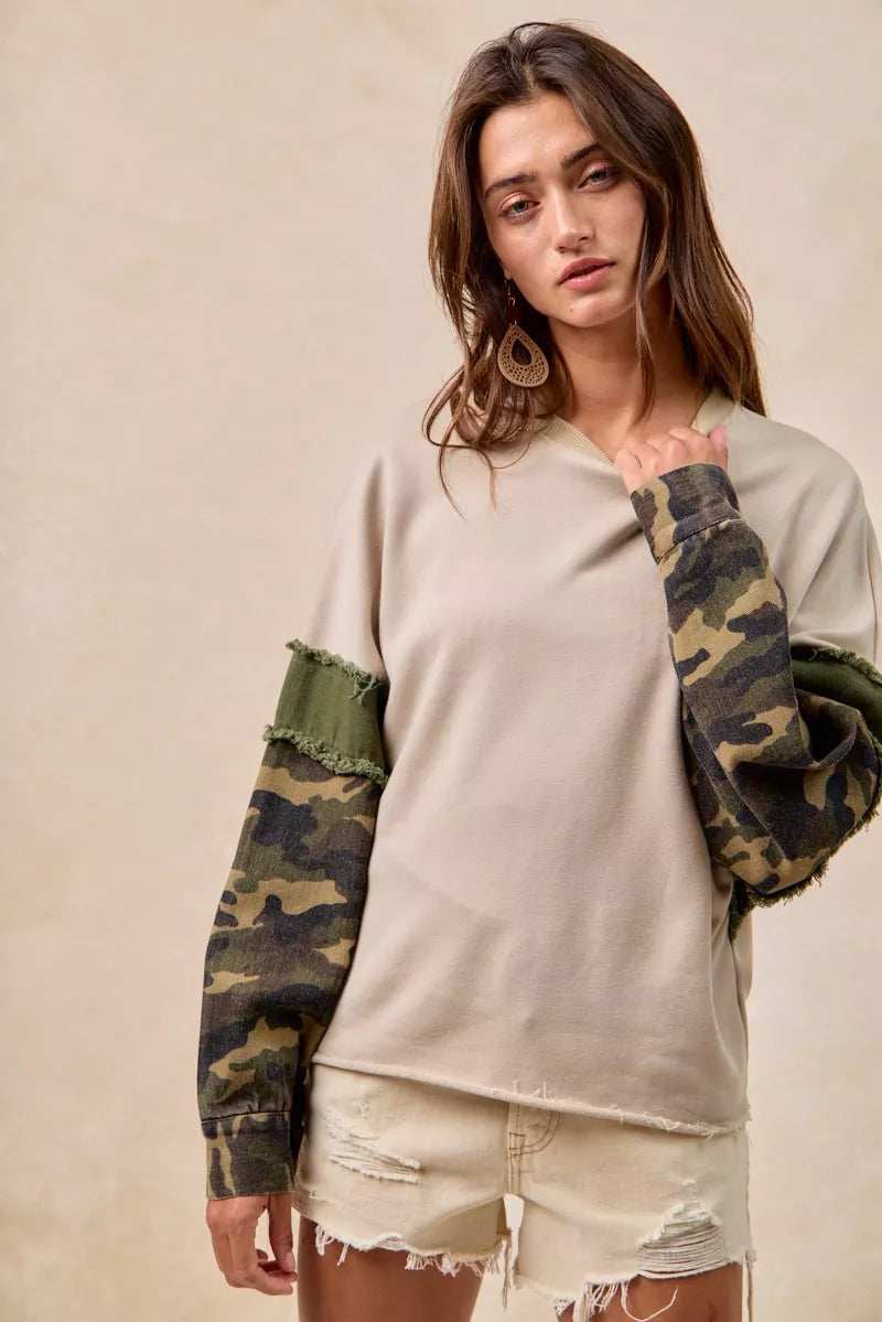 BiBi Camo Sleeve French Terry Top with Frayed Edge - Trendsi - Flyclothing LLC