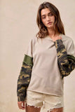 BiBi Camo Sleeve French Terry Top with Frayed Edge - Trendsi - Flyclothing LLC