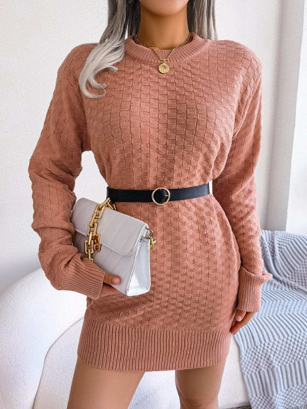Round Neck Long Sleeve Mini Sweater Dress - Trendsi - Flyclothing LLC