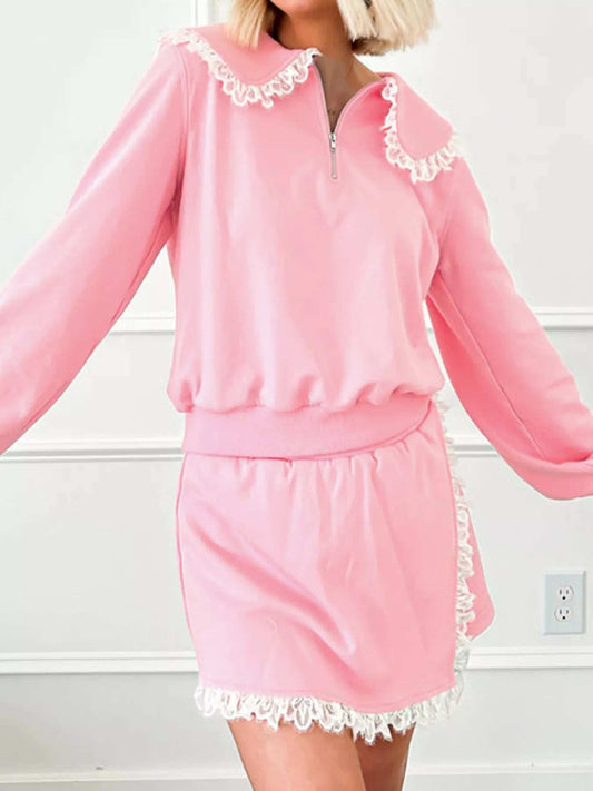 Peter Pan Lace Embellished Neck Sweatshirt and Skirt Two Piece Set - Trendsi - Flyclothing LLC