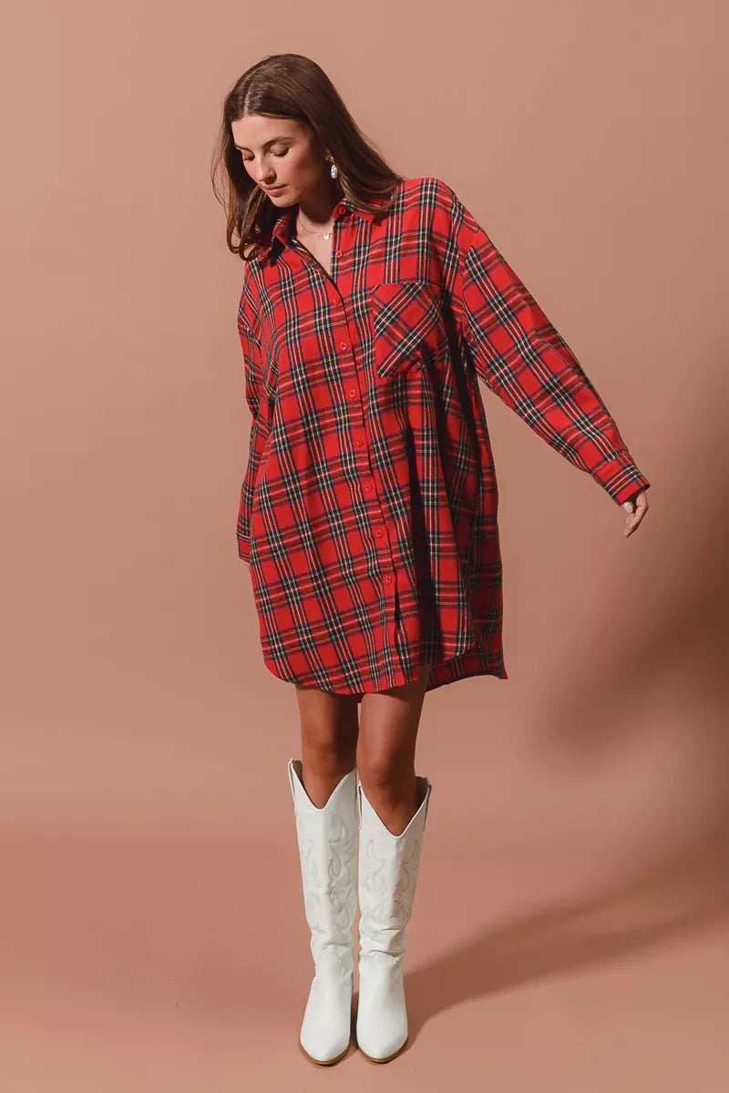 SO ME Christmas Checker Plaid Button Up Shirt Dress - Trendsi - Flyclothing LLC