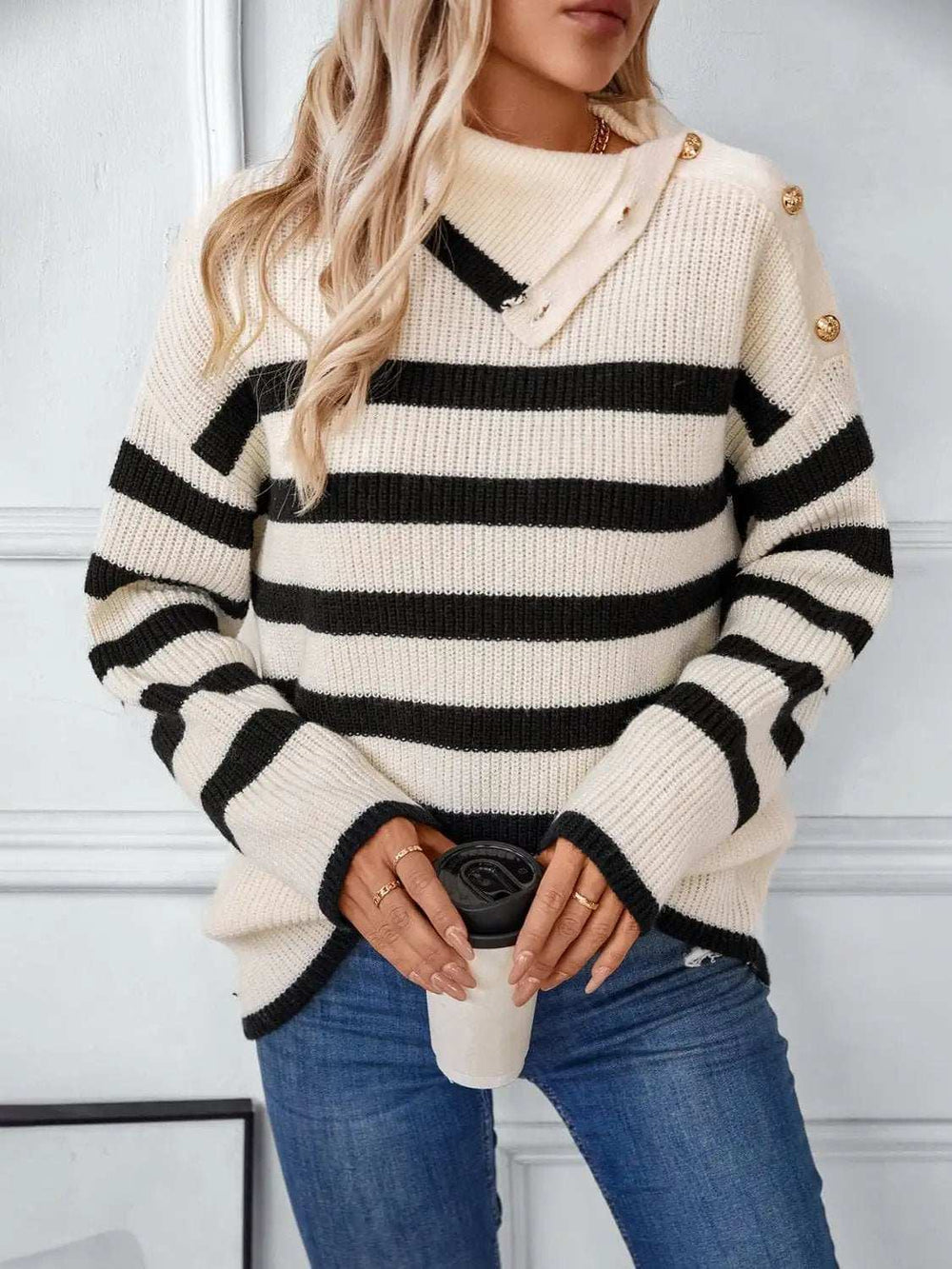 Buttoned Striped Long Sleeve Sweater - Trendsi - Flyclothing LLC