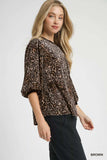 Umgee Leopard Round Neck Three-Quarter Sleeve Blouse - Trendsi - Flyclothing LLC