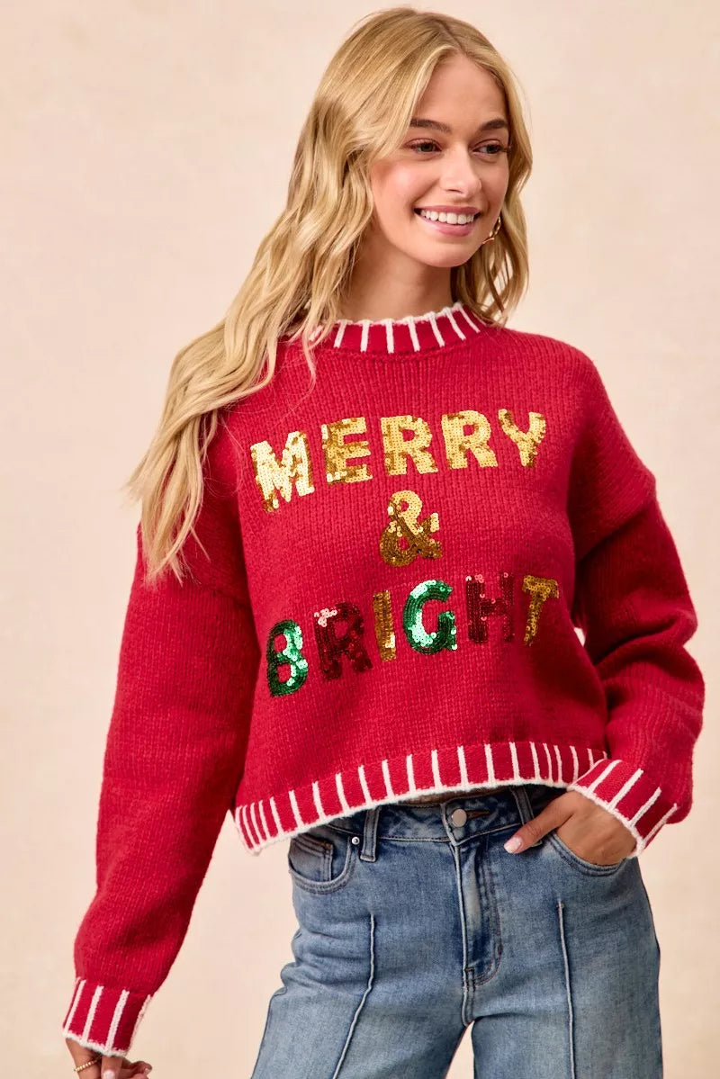 BiBi Christmas Theme Sequin Lattering Sweater - Trendsi - Flyclothing LLC