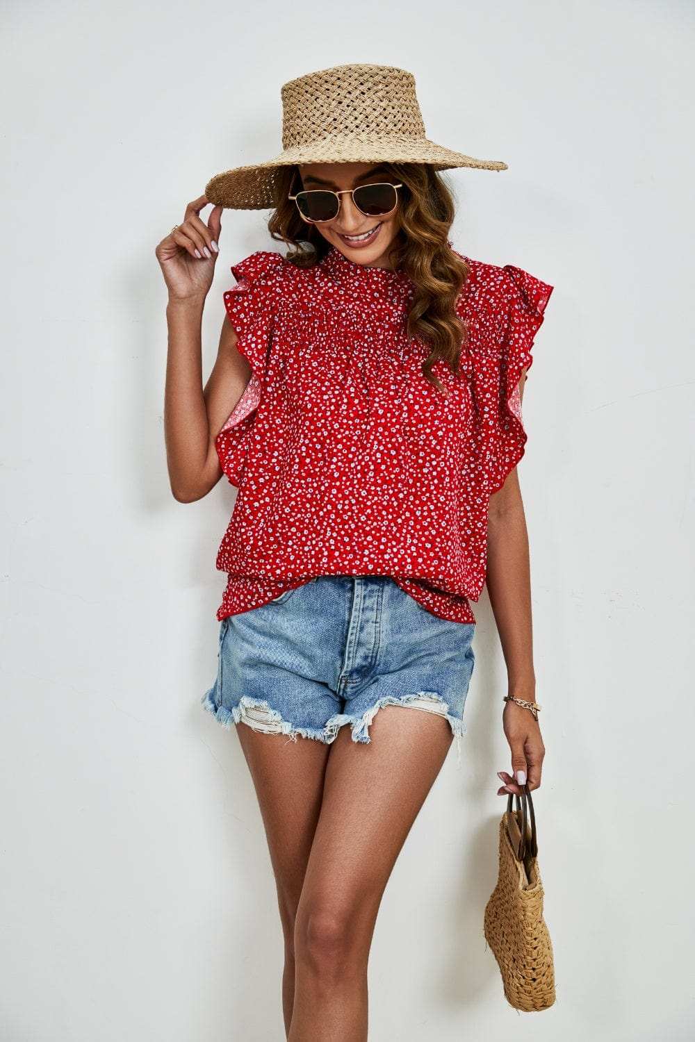 Ruffled Ditsy Floral Mock Neck Cap Sleeve Blouse - Trendsi - Flyclothing LLC