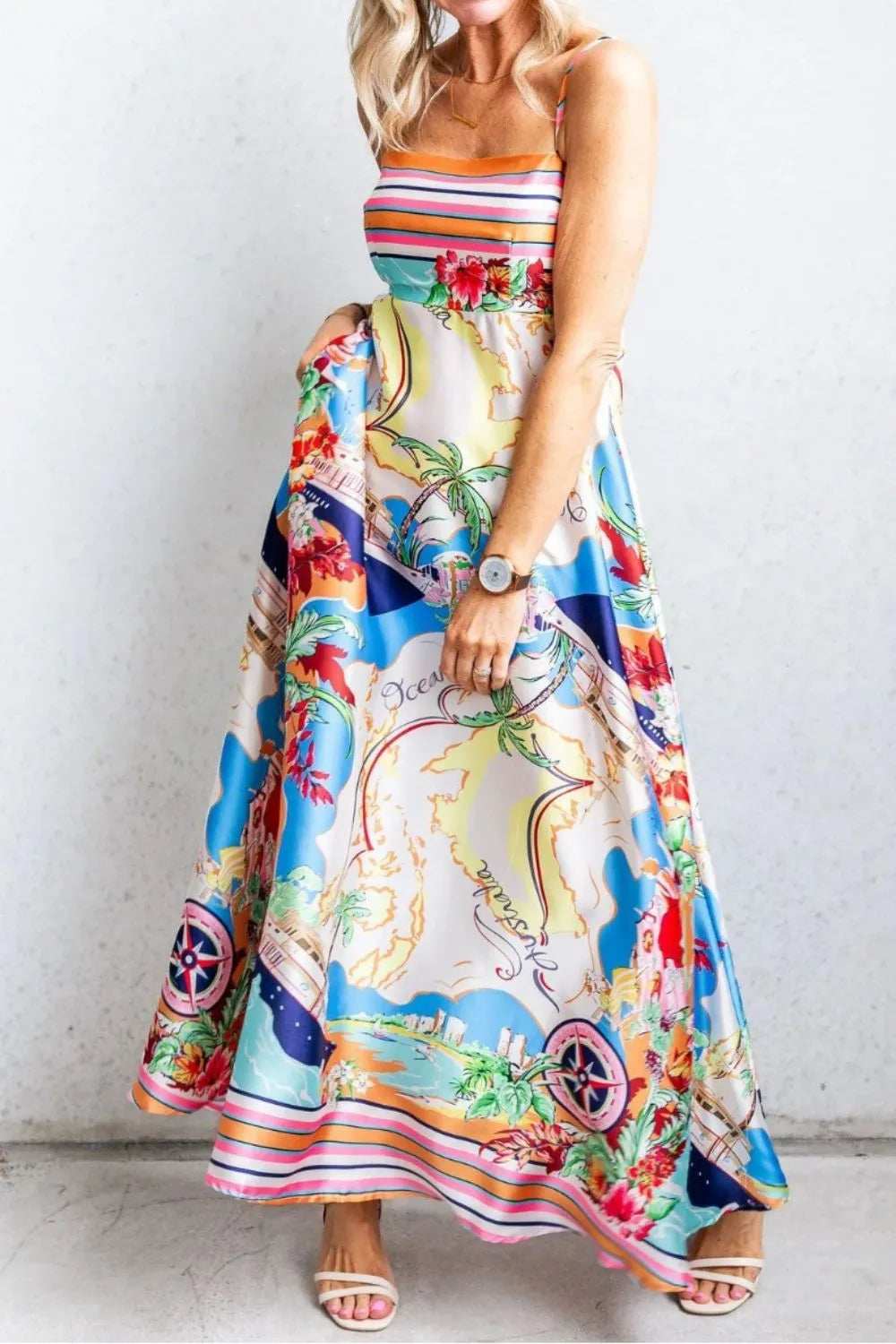 Smocked Back Printed Square Neck Maxi Cami Dress with Pockets - Trendsi - Flyclothing LLC