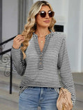 Striped Notched Long Sleeve T-Shirt - Trendsi - Flyclothing LLC
