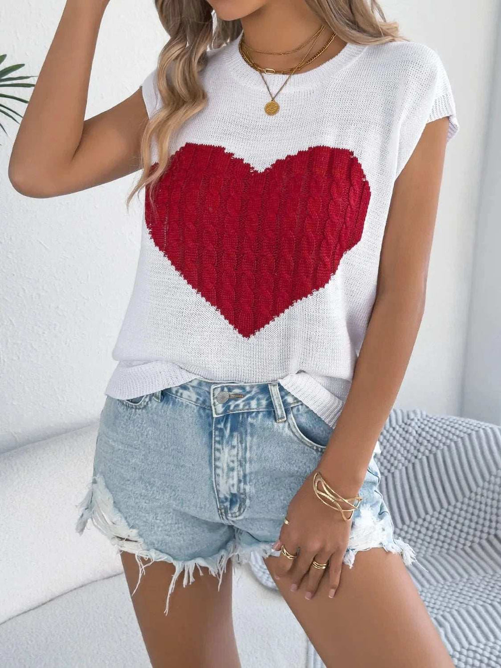 Cable Knit Heart Round Neck Cap Sleeve Knit Top - Trendsi - Flyclothing LLC