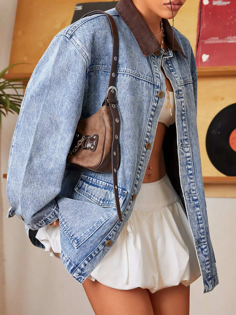 Vintage Wash Denim Jacket with Contrast Collar - Trendsi - Flyclothing LLC