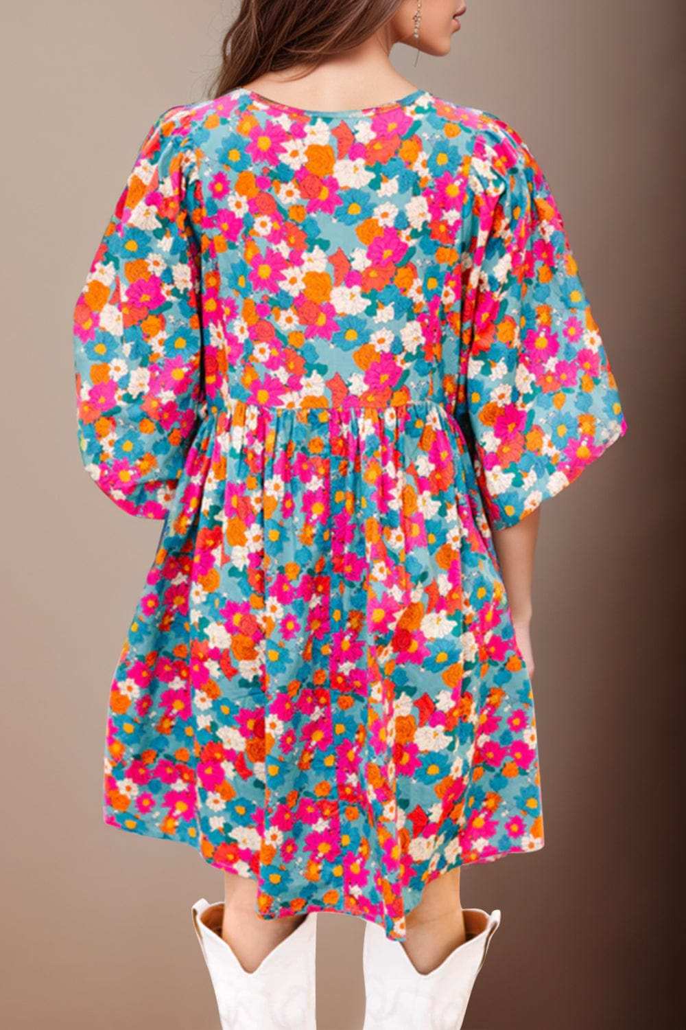 Floral Tie Neck Puff Sleeve Mini Dress - Trendsi - Flyclothing LLC