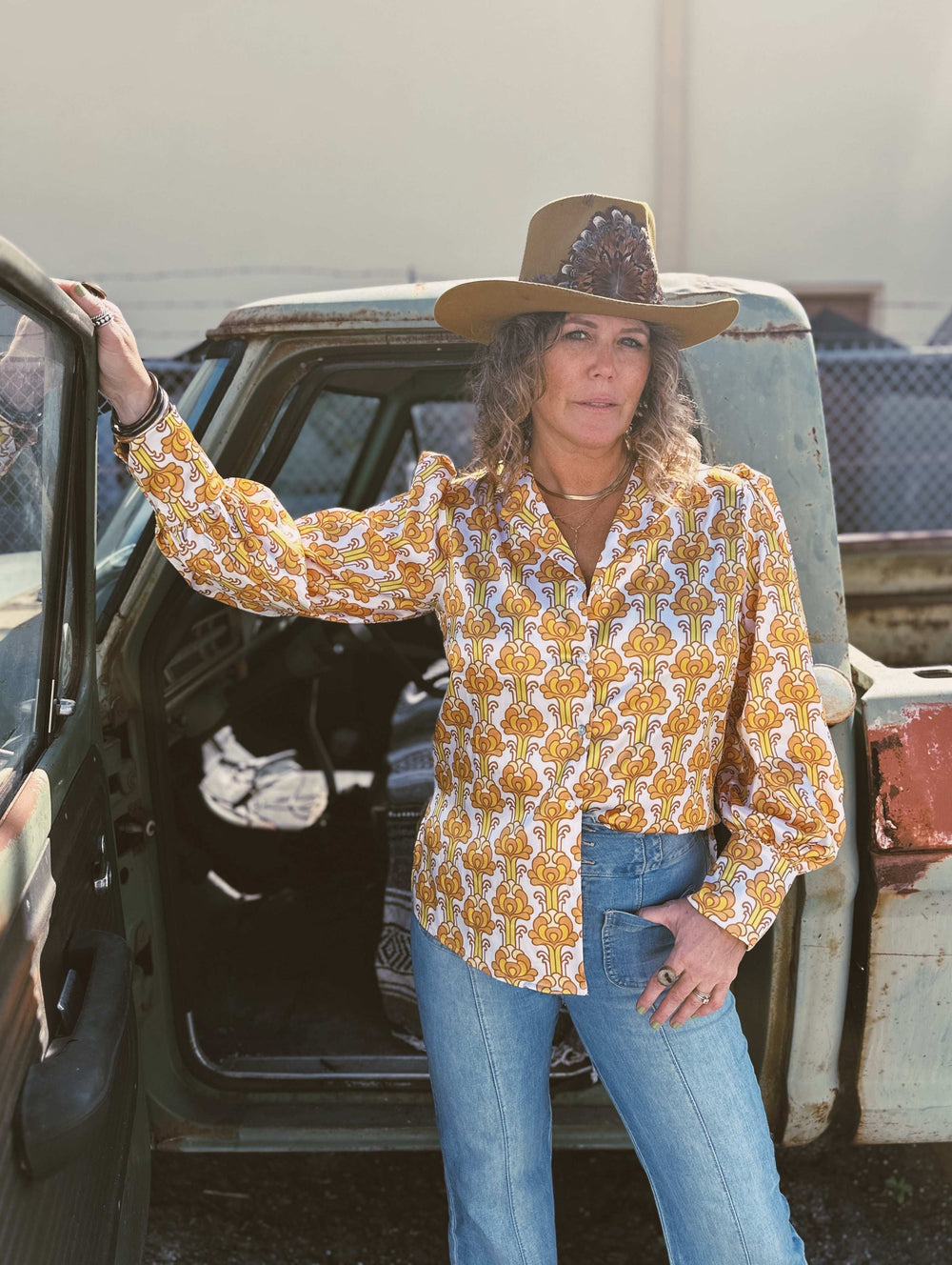 Streets Of Gold Golden Yellow Tulip Flower Pouf Sleeve Button Up Blouse - Lil Bee's Bohemian - Flyclothing LLC