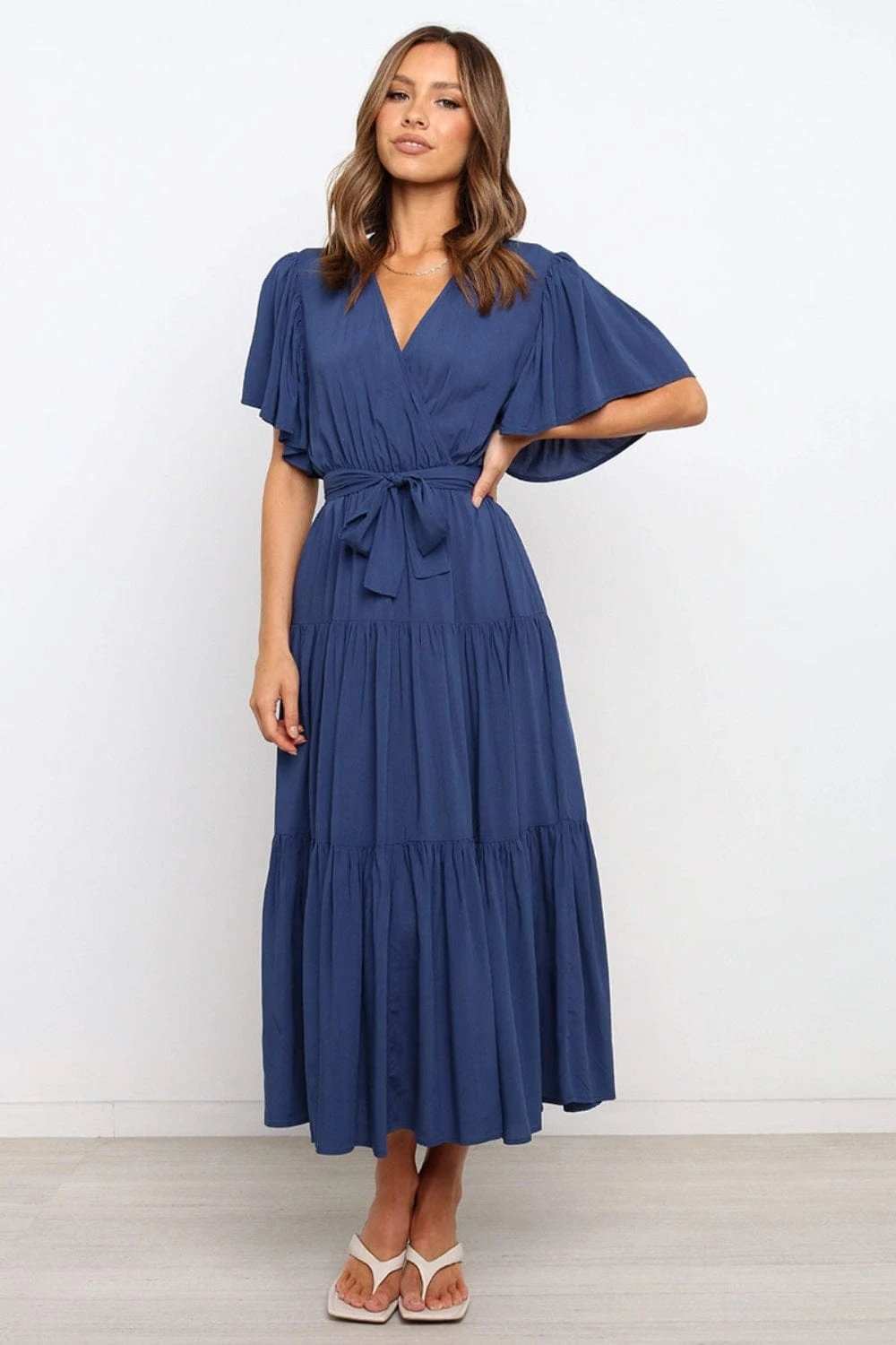 Front Tie Short Sleeve Tiered Midi Dress - Trendsi - Flyclothing LLC