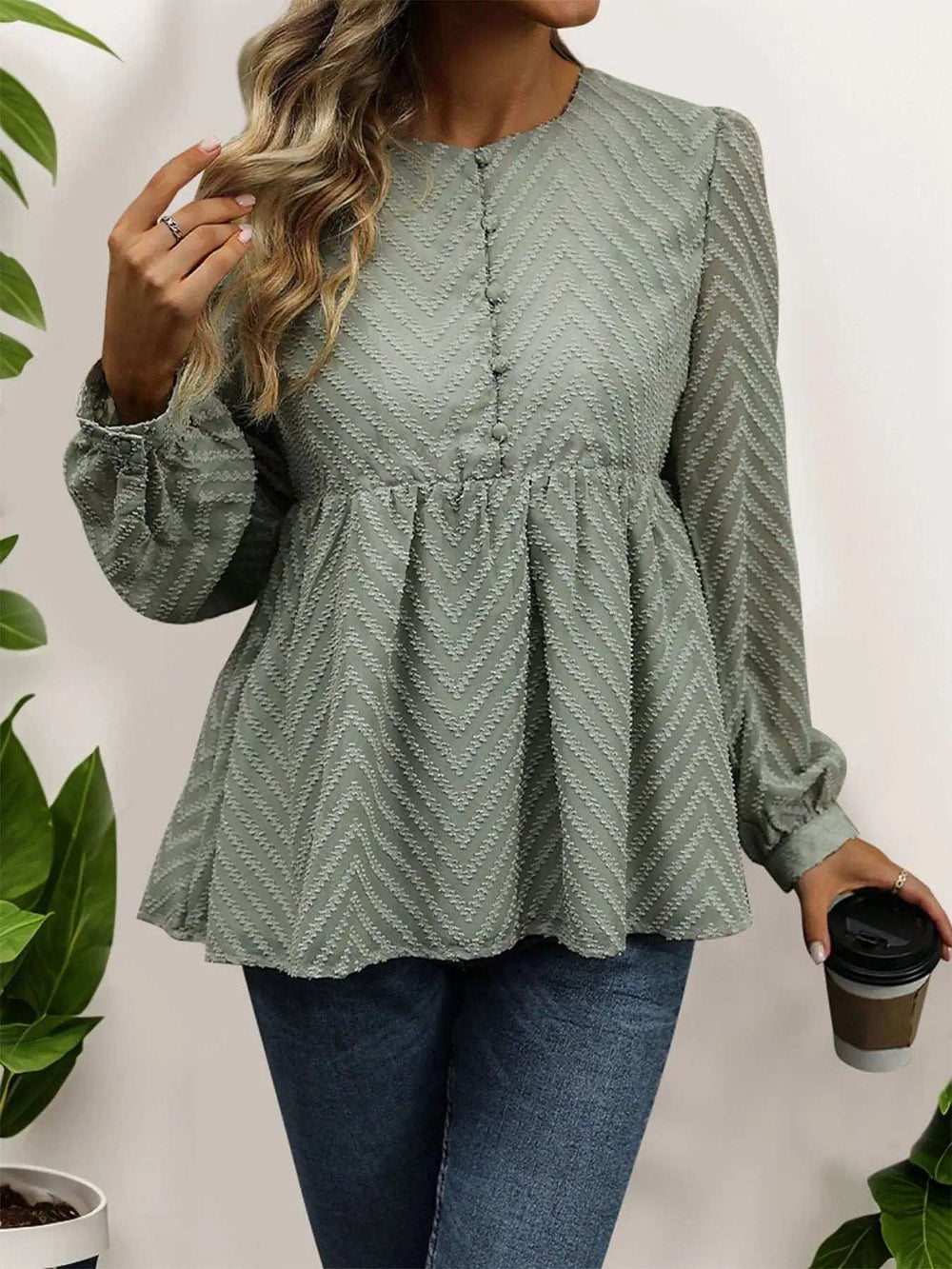 Peplum Round Neck Long Sleeve Blouse - Trendsi - Flyclothing LLC