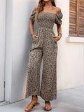Perfee Smocked Printed Square Neck Puff Sleeve Jumpsuit - Trendsi - Flyclothing LLC