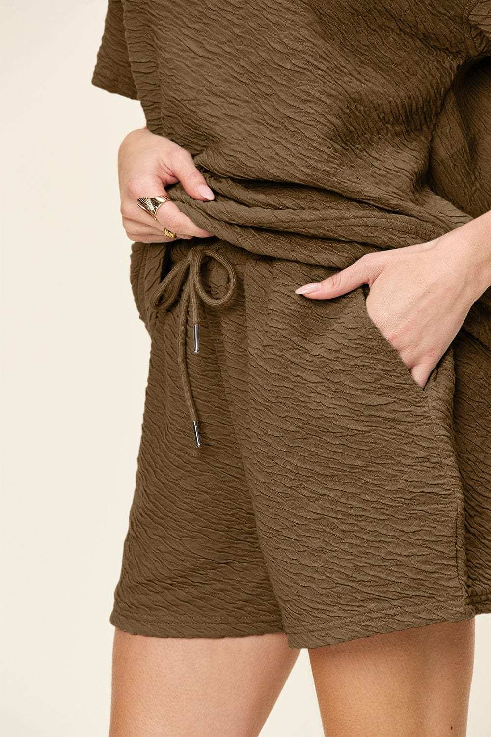 Double Take Full Size Texture Short Sleeve T-Shirt and Drawstring Shorts Set - Trendsi - Flyclothing LLC