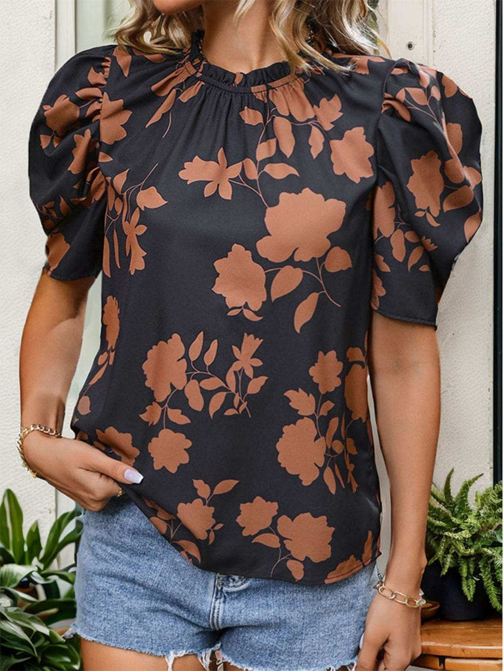Frill Printed Round Neck Puff Sleeve Blouse - Trendsi - Flyclothing LLC