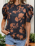 Frill Printed Round Neck Puff Sleeve Blouse - Trendsi - Flyclothing LLC