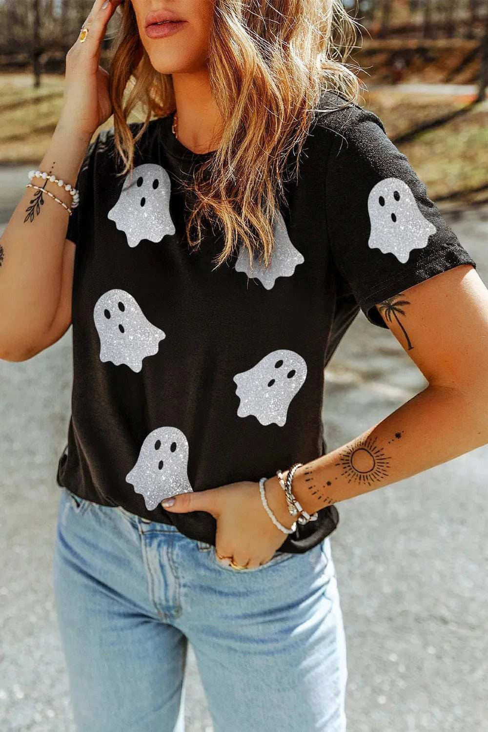 Glitter Ghost Round Neck Short Sleeve T-Shirt - Trendsi - Flyclothing LLC