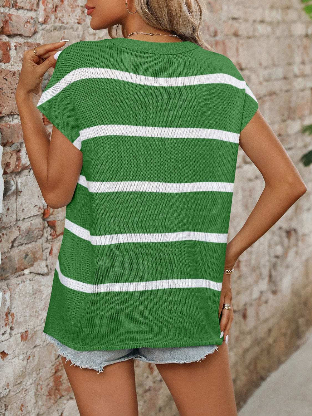 Striped Round Neck Short Sleeve Knit Top - Trendsi - Flyclothing LLC