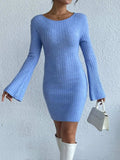 Backless Round Neck Long Sleeve Sweater Dress - Trendsi - Flyclothing LLC