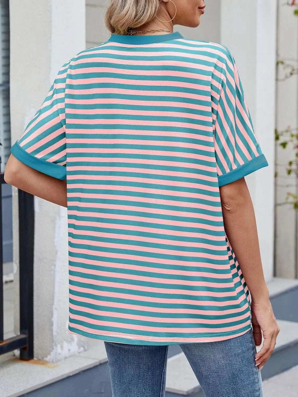 Striped Round Neck Half Sleeve T-Shirt - Trendsi - Flyclothing LLC
