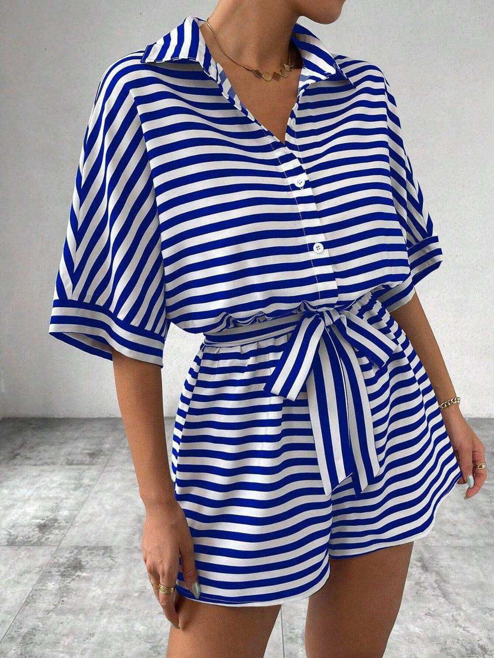Tie Waist Half Button Striped Romper - Trendsi - Flyclothing LLC