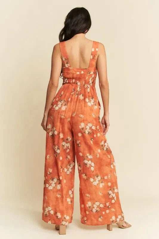 Davi & Dani Floral Ruffle Square Neck Smocking Bodice Jumpsuit - Trendsi - Flyclothing LLC